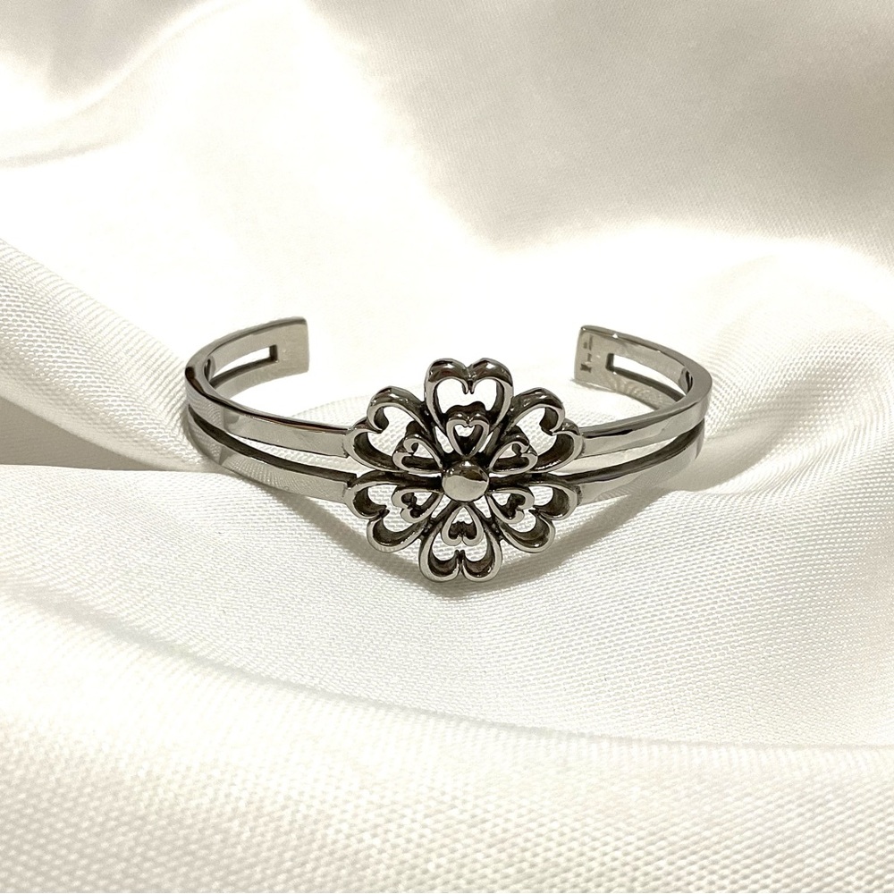 Flower & Heart Stainless Steel Adjustable Cuff Bracelet (AshlingAine)